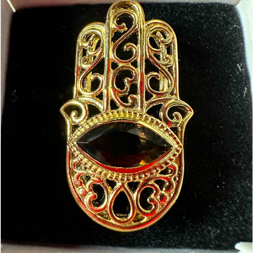 1.41ct Marquise Brown Smoky Quartz 18k Yellow Gold Over Silver Hamsa Hand Ring.